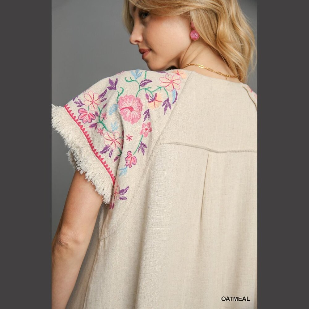Embroidered Sleeves Linen Cotton Blend Round Neck w/ Frayed High Low Hem - Picture 10 of 15